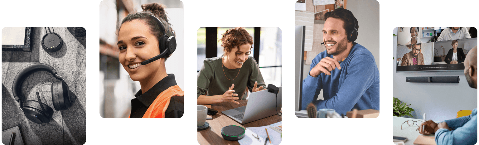People using Jabra headsets, speakerphones and video technology at work.